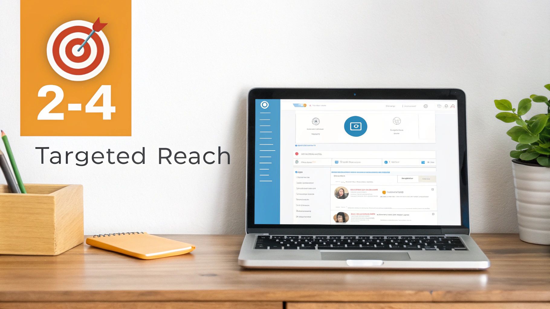 Laptop displaying a professional networking platform with 'Targeted Reach' text and a target icon.