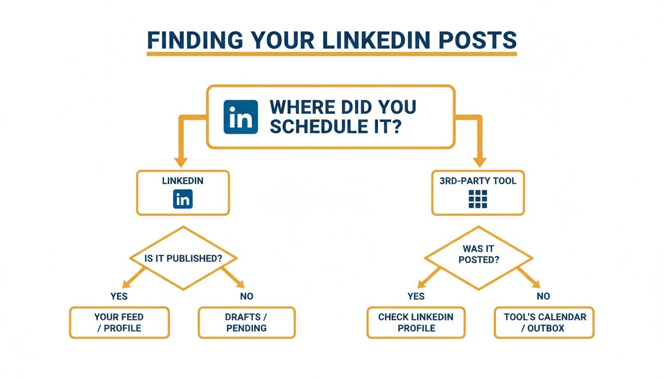 Flowchart guiding users on finding LinkedIn posts, whether scheduled on LinkedIn or a 3rd-party tool.