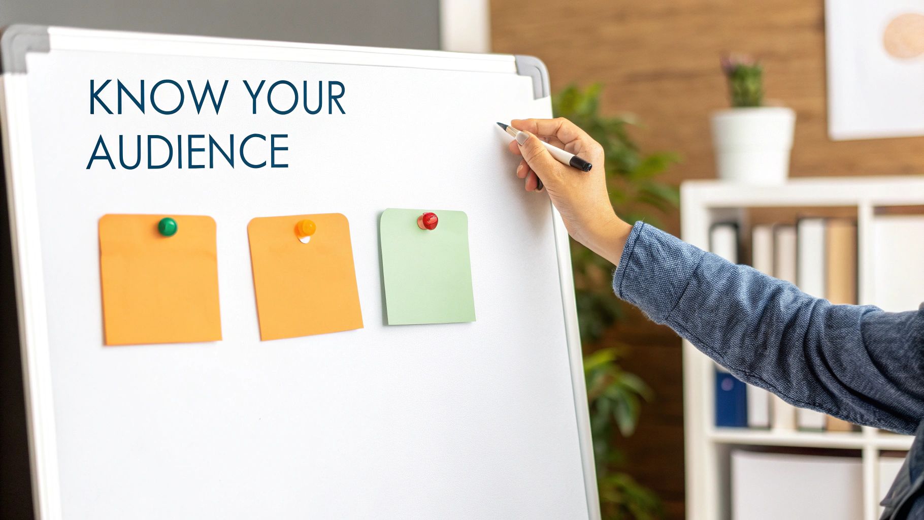 Hand writing 'KNOW YOUR AUDIENCE' on a whiteboard with colorful sticky notes and magnets.