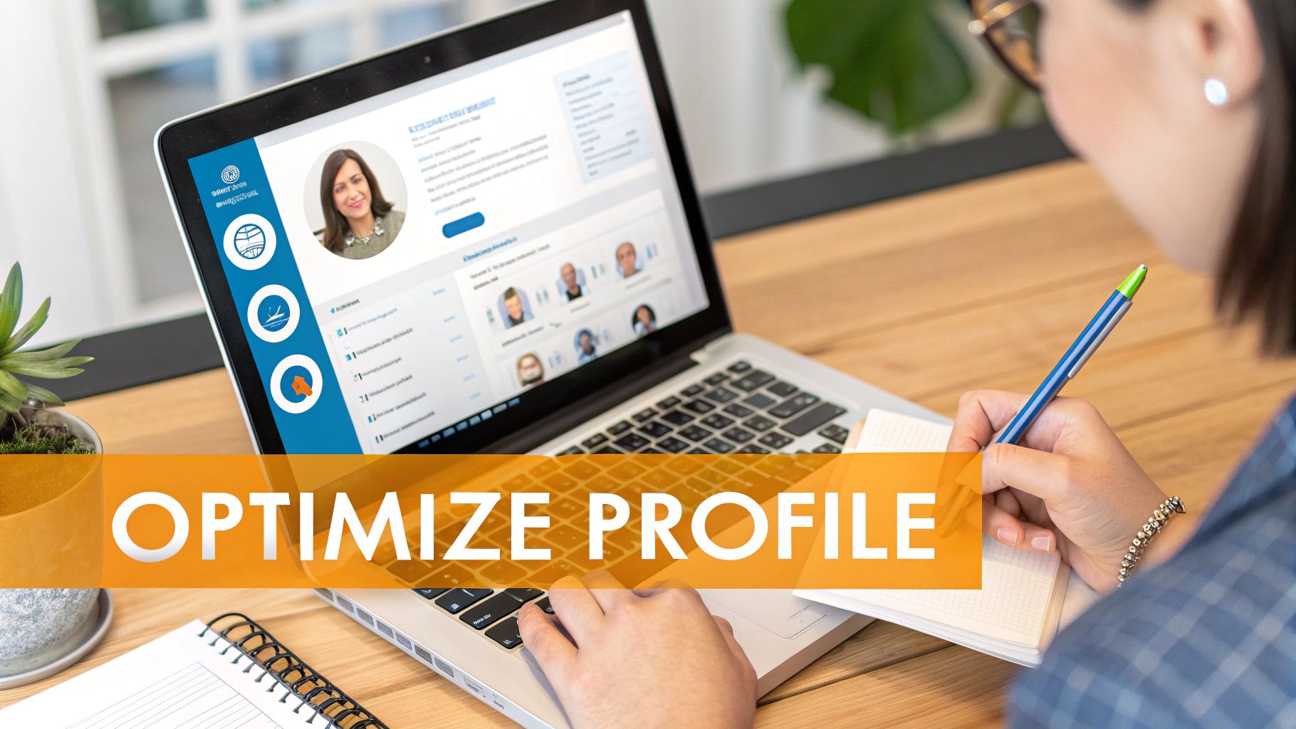 A person works on a laptop showing a social profile, while writing notes to optimize their online presence.