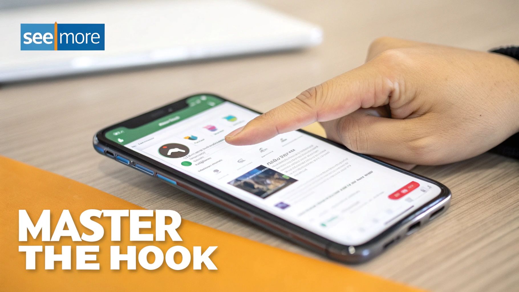 A person's hand taps on a smartphone screen displaying a mobile application with various elements.