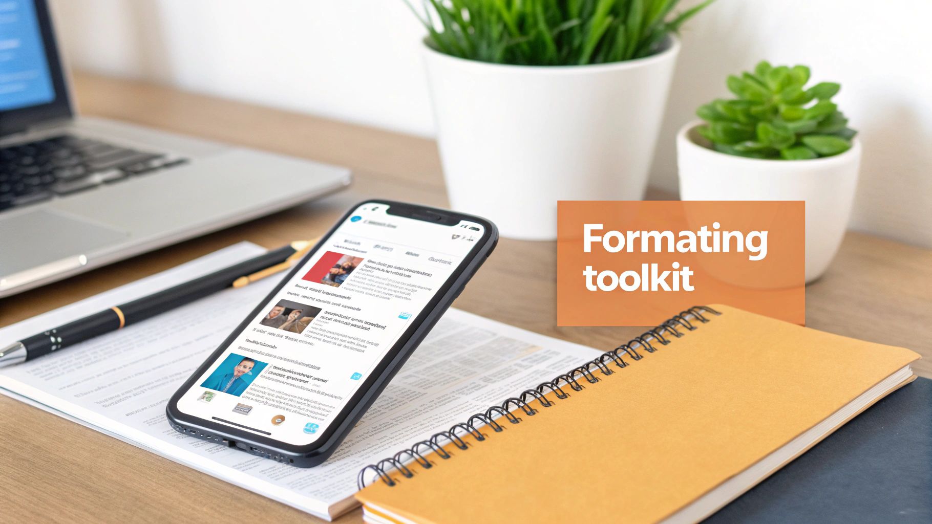 A professional woman looking at her phone, smiling, with a graphic overlay of a LinkedIn post interface.