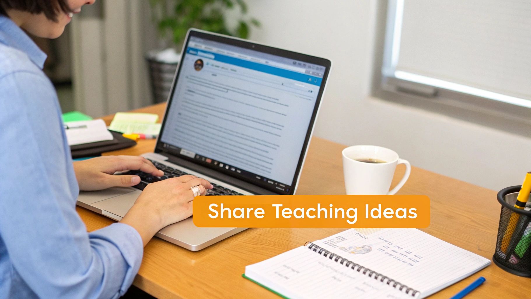 An educator looking at career opportunities on a laptop, with a blurred background of a library or school hallway.