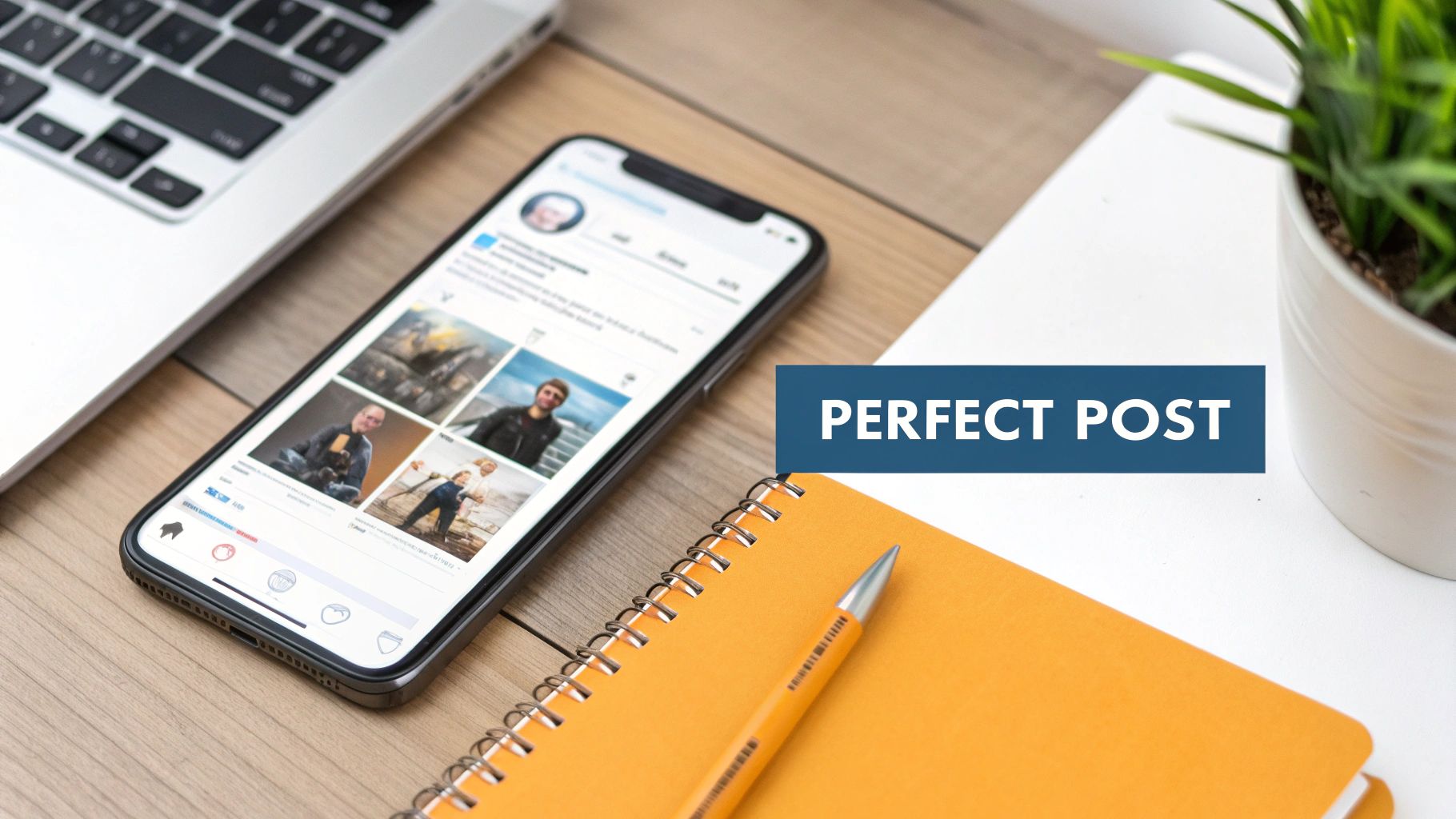 A smartphone displaying a social media feed with photos, next to a laptop, notebook, and pen on a desk.