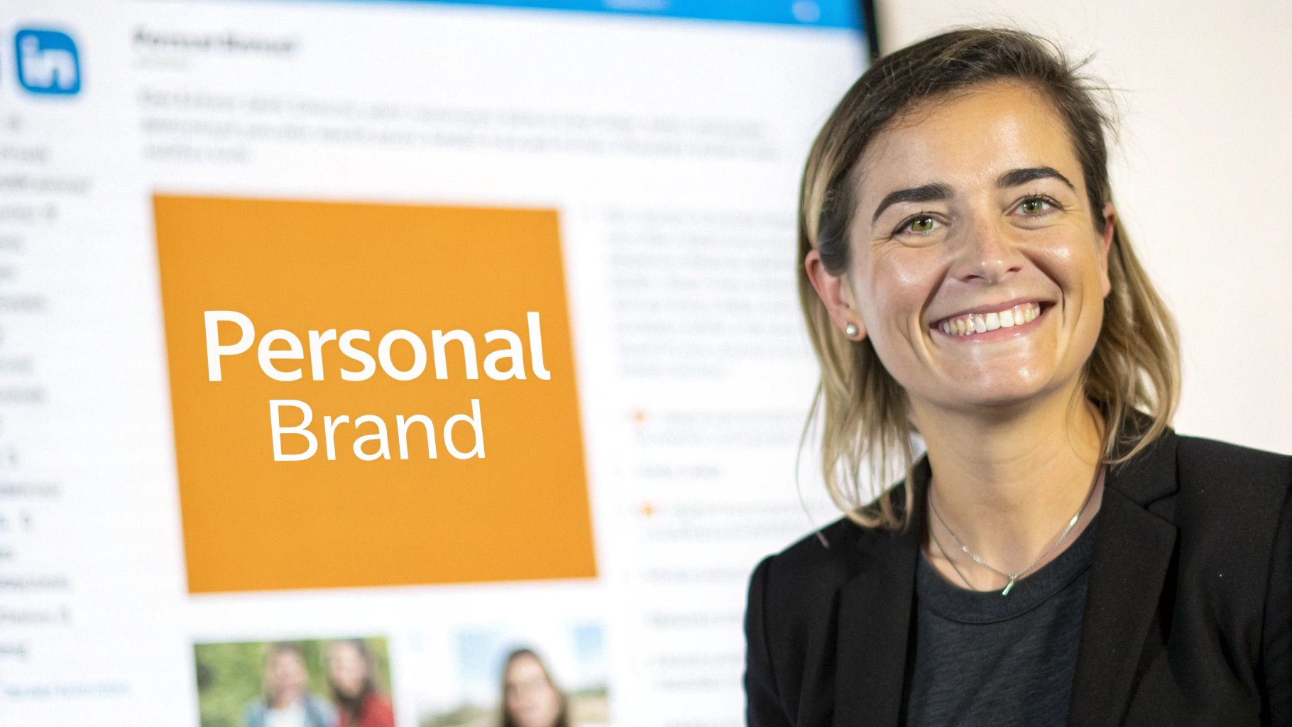 A smiling woman stands next to a screen displaying 'Personal Brand' on a LinkedIn page.
