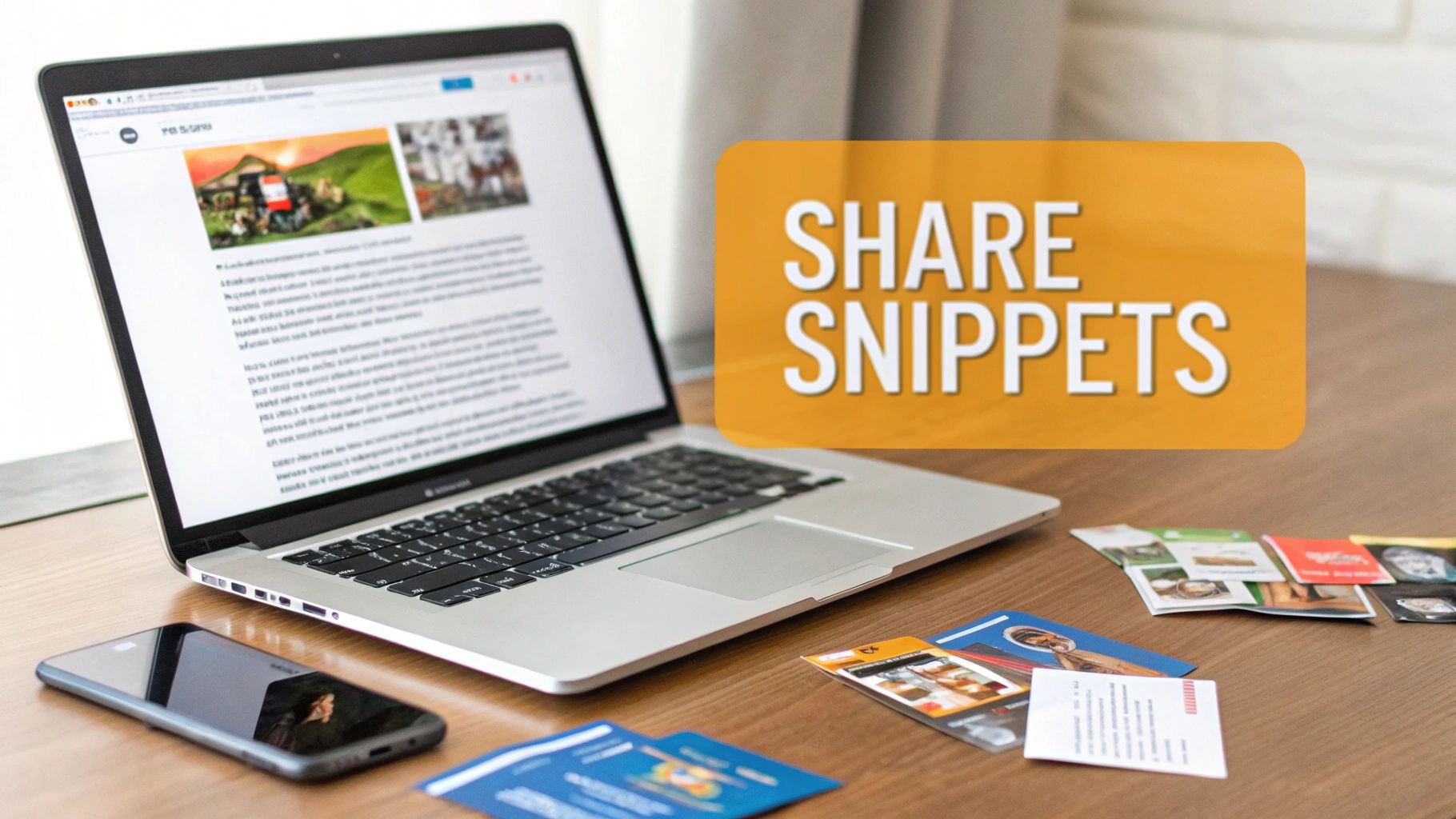 A laptop displaying a webpage, a smartphone, and small content snippets on a wooden desk, suggesting sharing.