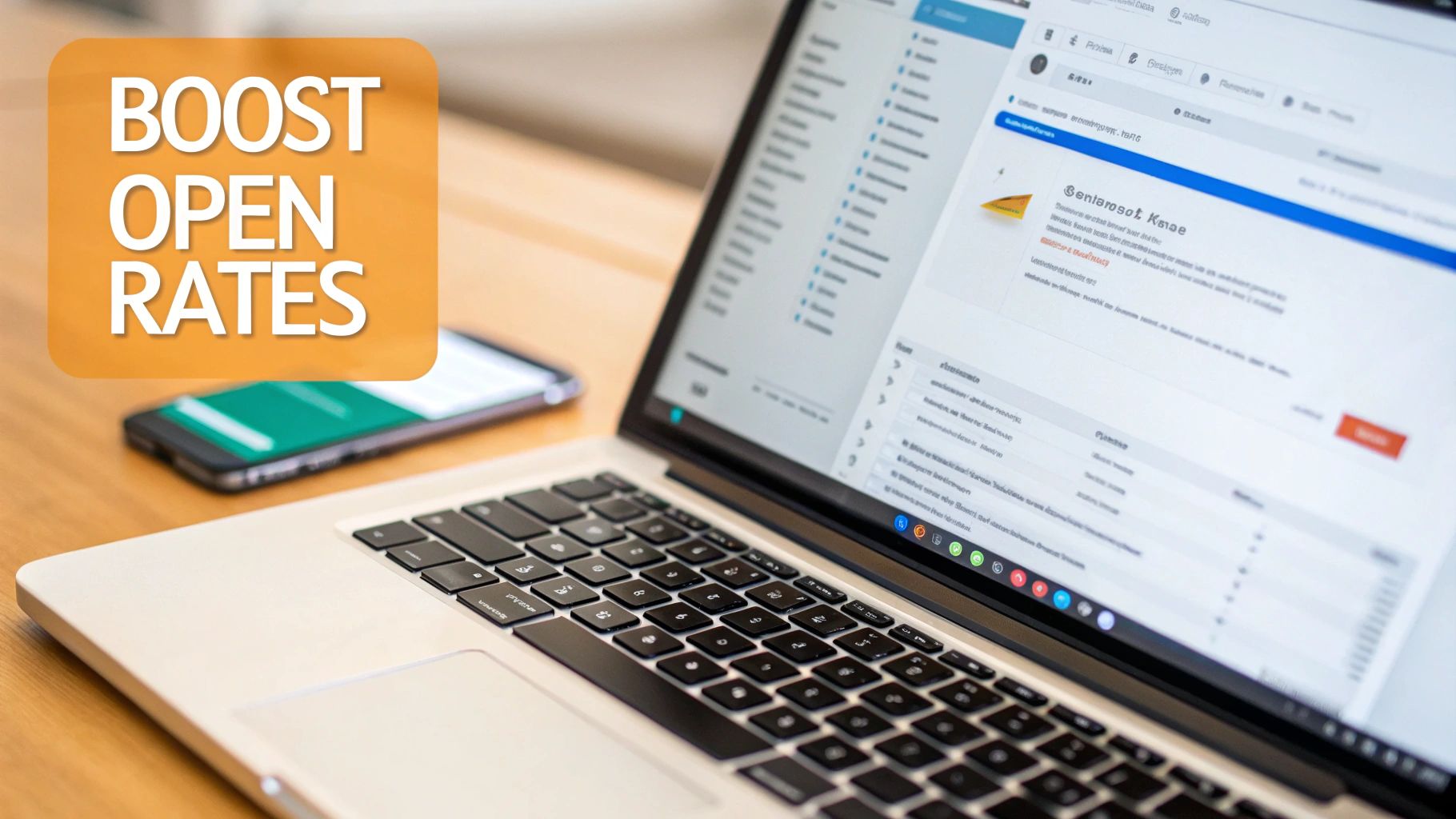 A laptop and smartphone on a wooden desk with a text overlay 'BOOST OPEN RATES' on the screen.