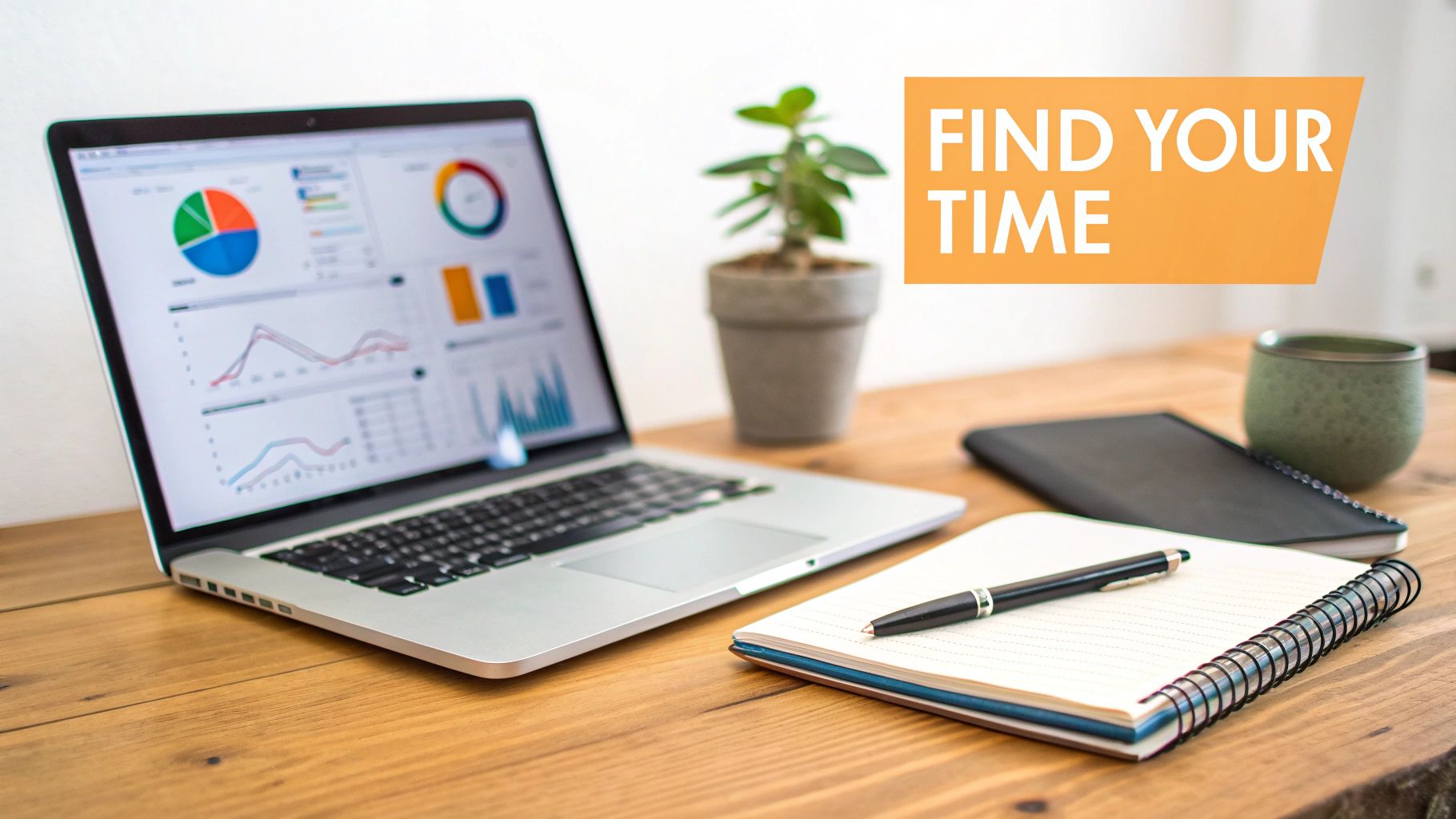 A bright workspace with a laptop displaying business data, a notebook, pen, and 'FIND YOUR TIME' text.