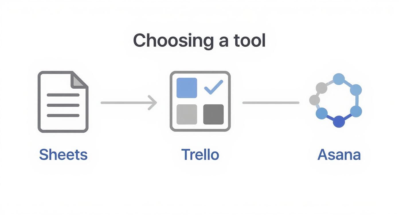 Infographic showing the progression of tools from spreadsheets to Trello to Asana