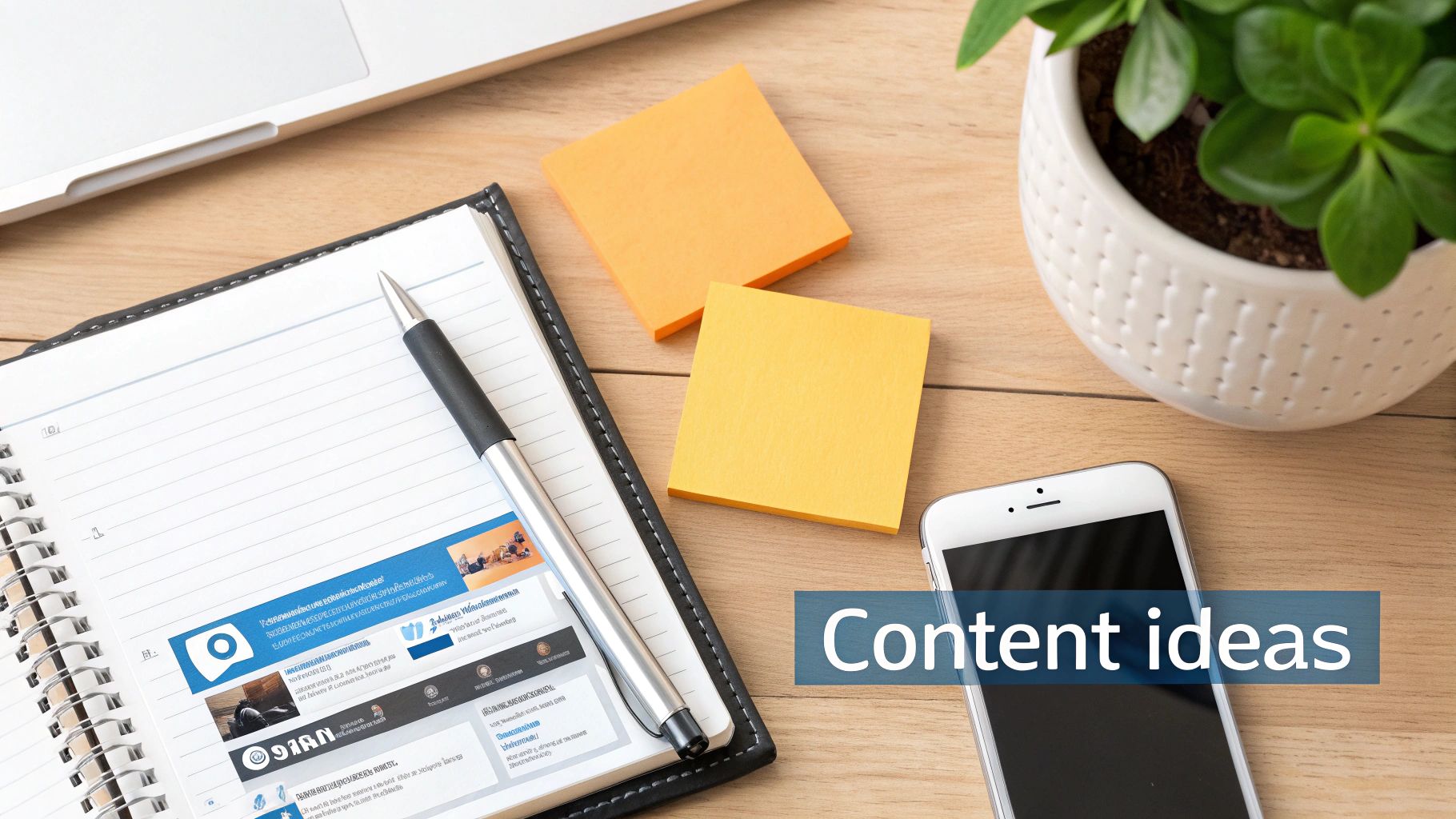 A person brainstorming LinkedIn article ideas, surrounded by notes and a laptop.