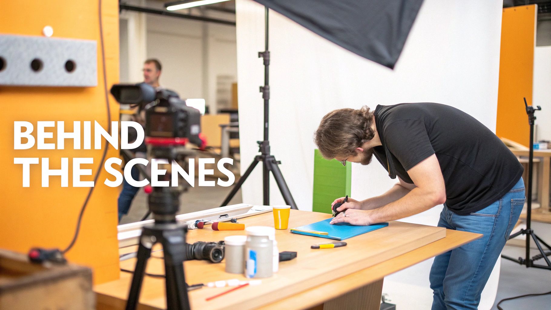Behind-the-scenes shot of a man drawing on a blue pad for content creation, with a camera and studio lights.