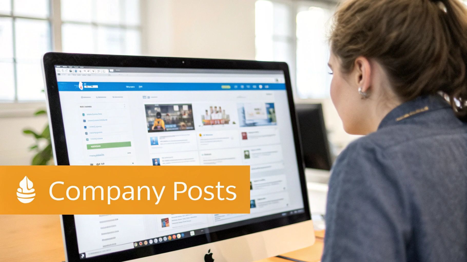 A woman views 'Company Posts' and a list of content on a desktop computer screen in an office.