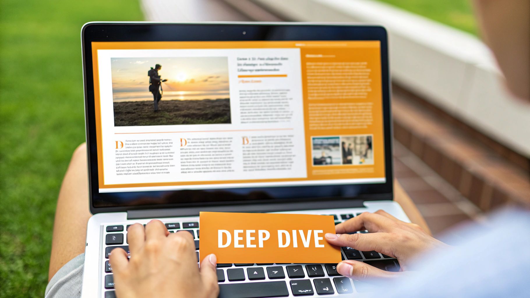 Infographic with a magnifying glass over a document, highlighting the detailed and in-depth nature of long-form articles.