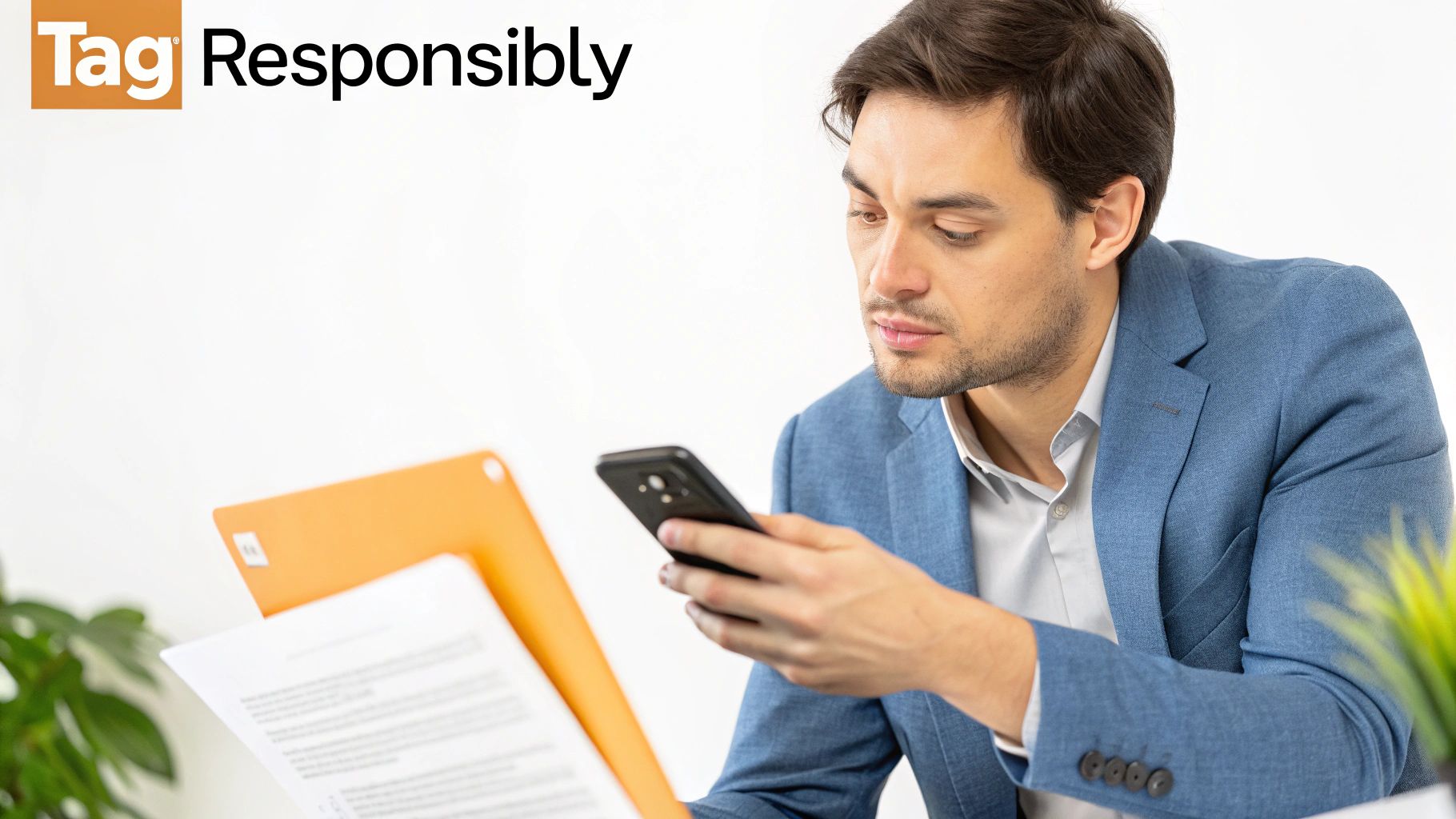 A focused man in a blue jacket looking at his phone while holding documents.