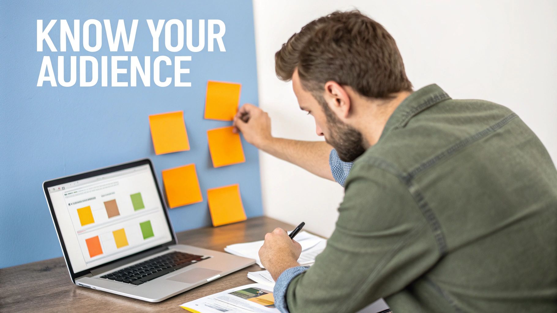 A man plans strategy, placing sticky notes on a blue board with a laptop displaying charts and 'Know Your Audience' text.