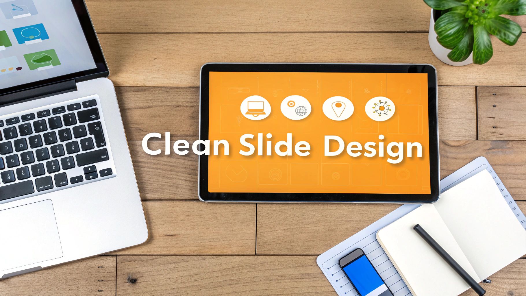 A top-down view of a modern workspace with a laptop, tablet showing 'Clean Slide Design', plant, and notebook.