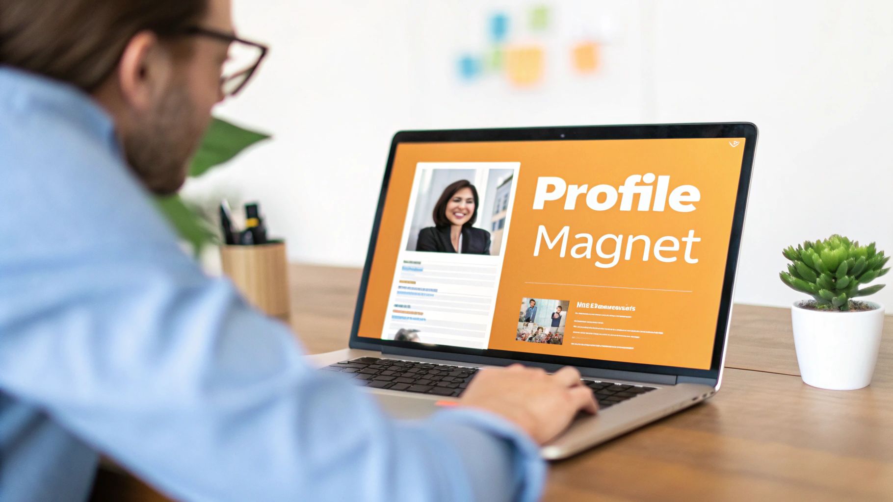 A person views a laptop displaying a 'Profile Magnet' page with a smiling woman's photo.