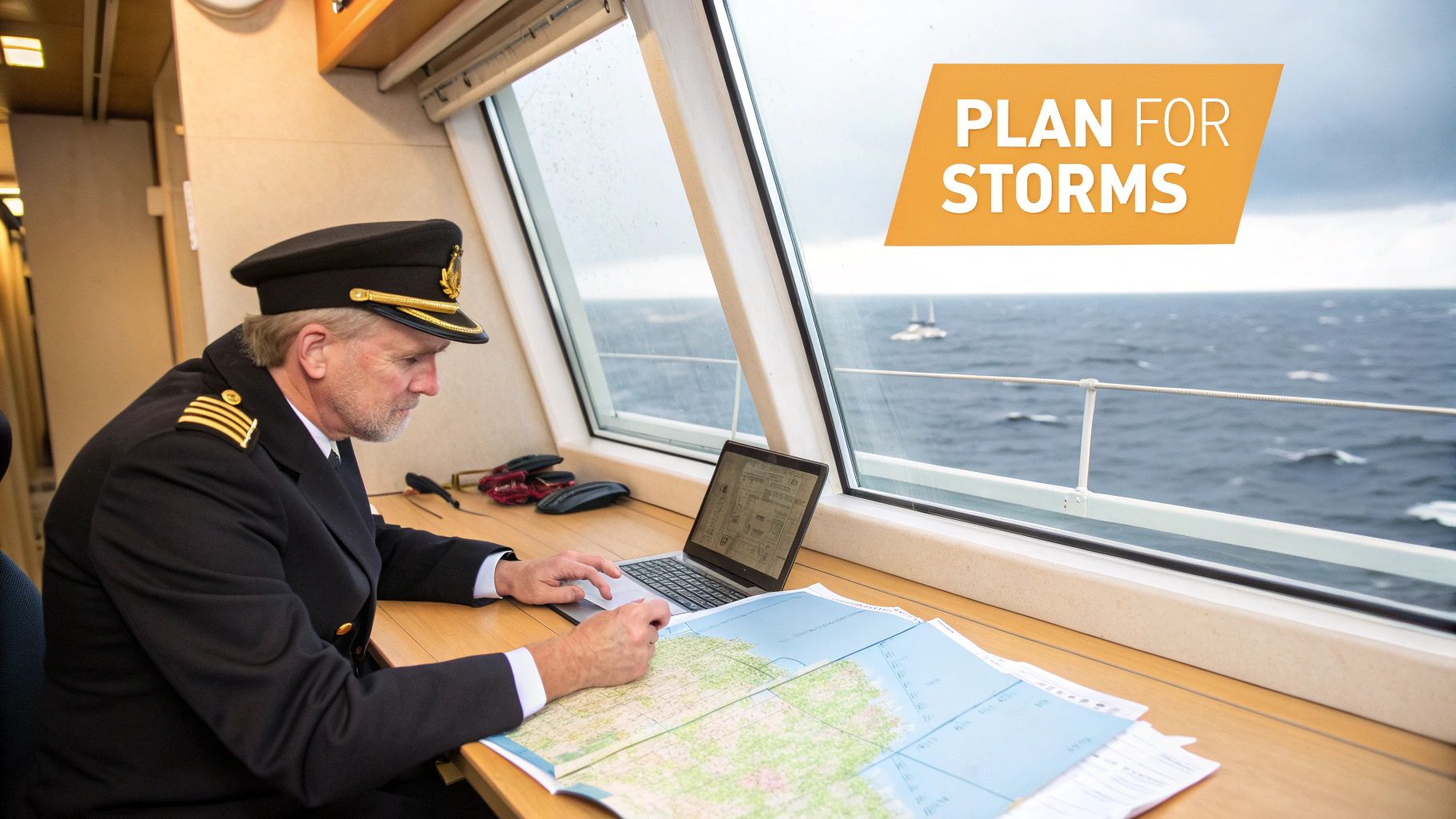 Ship captain in uniform reviewing nautical charts and laptop for storm navigation planning