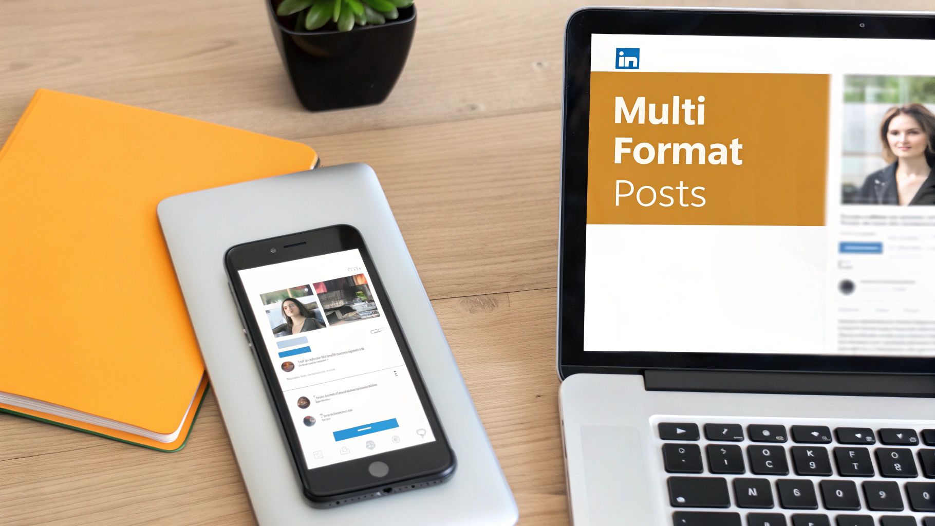 A laptop and smartphone display LinkedIn posts about multi-format content on a wooden desk with an orange notebook.
