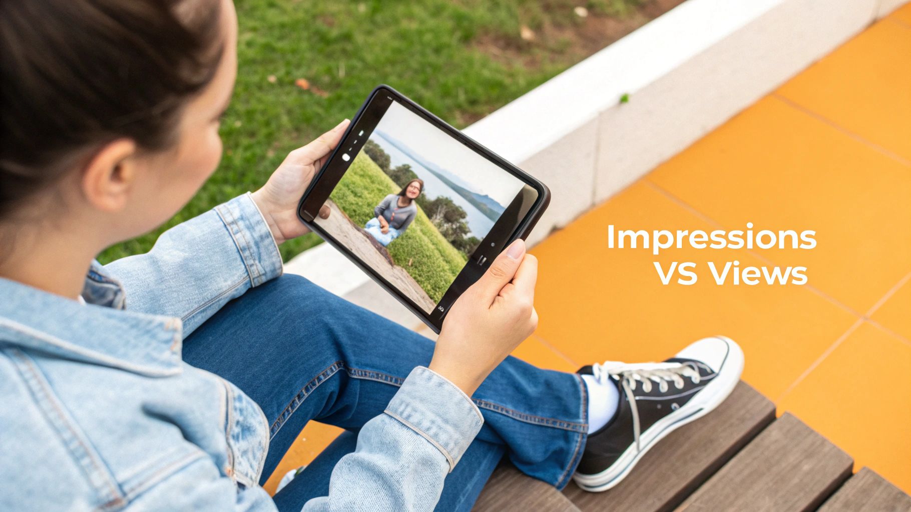 A person in a denim jacket holds a tablet displaying a photo of a woman by a lake, with text 'Impressions VS Views'.