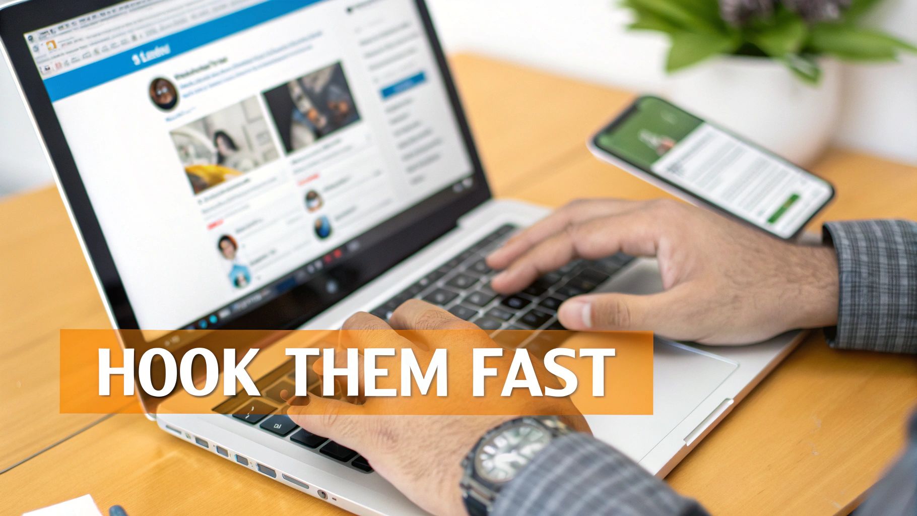 Hands typing on a laptop displaying a LinkedIn social media feed on a wooden desk.