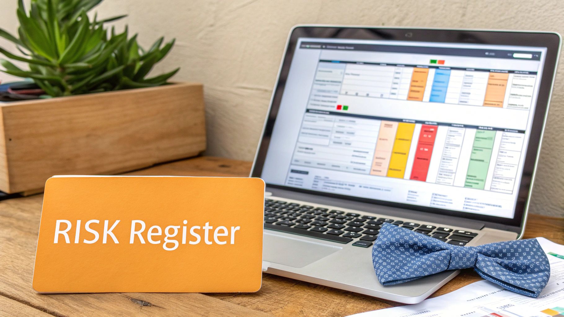 Professional risk register displayed on laptop screen with colorful project management matrix and bow tie