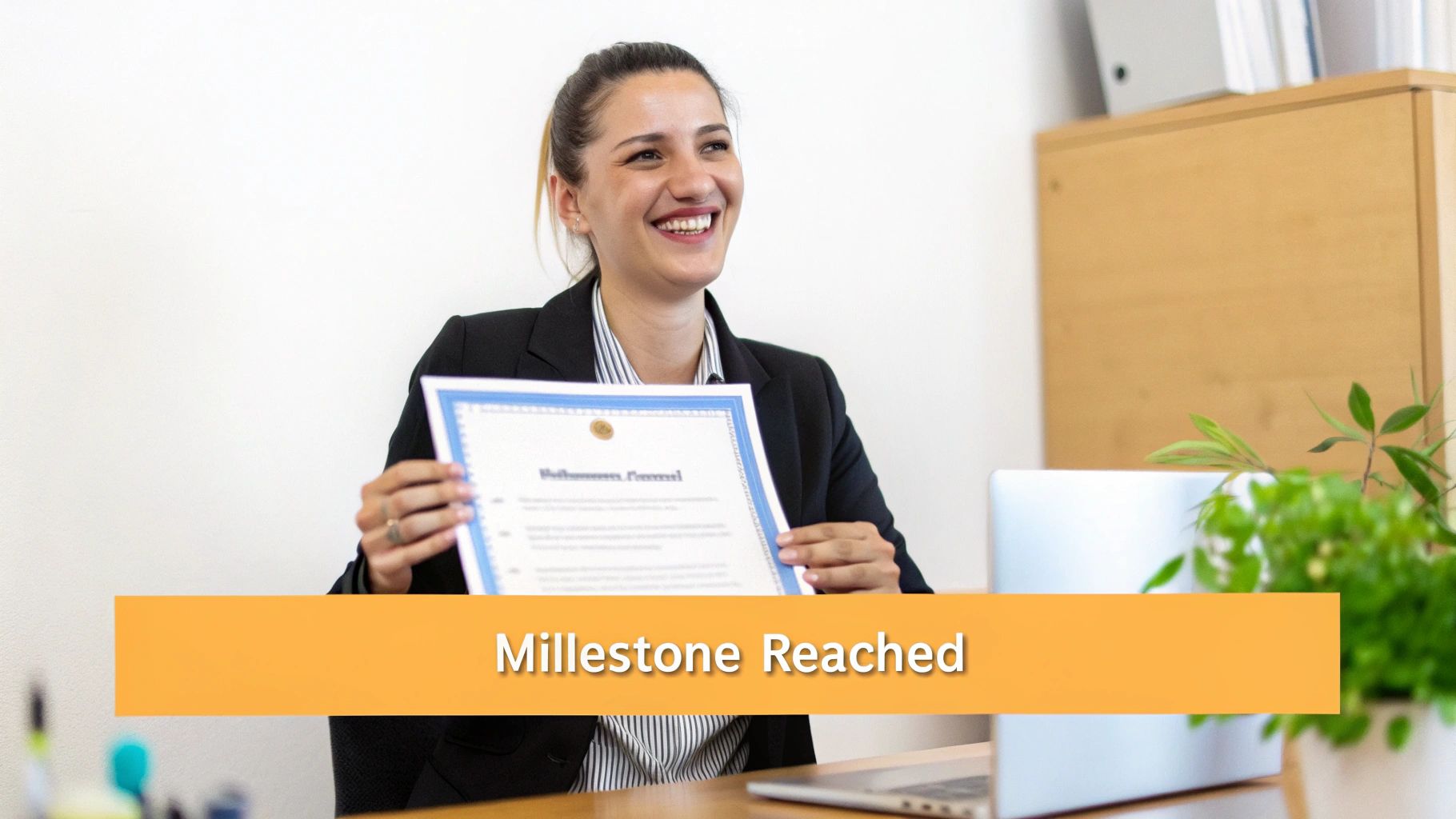 A professional woman in business attire smiling happily while holding up a certificate, with a text overlay 'Milestone Reached'.
