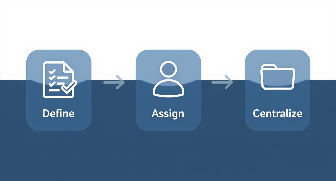A three-step process diagram illustrating Define, Assign, and Centralize stages with icons.