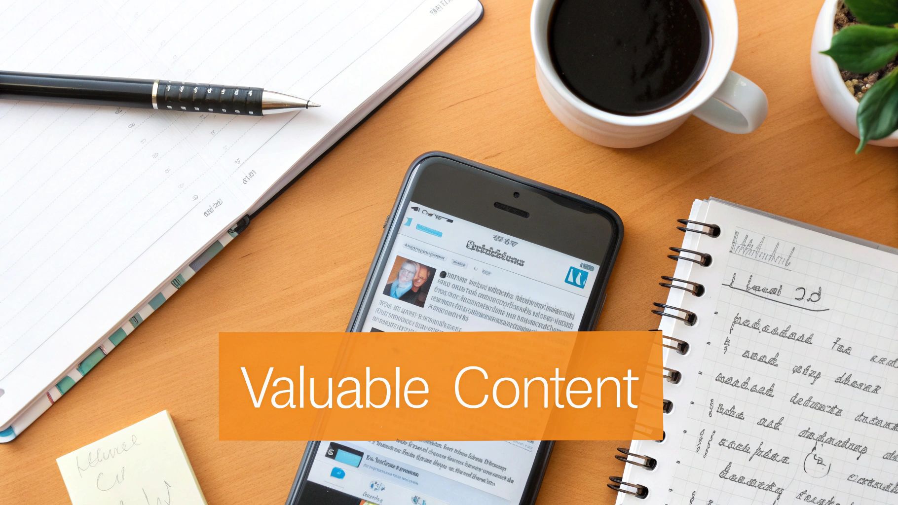 A flat lay image of a workspace with a smartphone displaying content, a notebook, pen, coffee, and the text 'Valuable Content'.