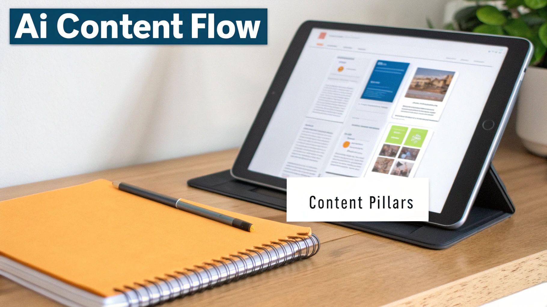 A desk with a tablet displaying digital content, a notebook, and a pen, featuring 'Ai Content Flow' and 'Content Pillars'.