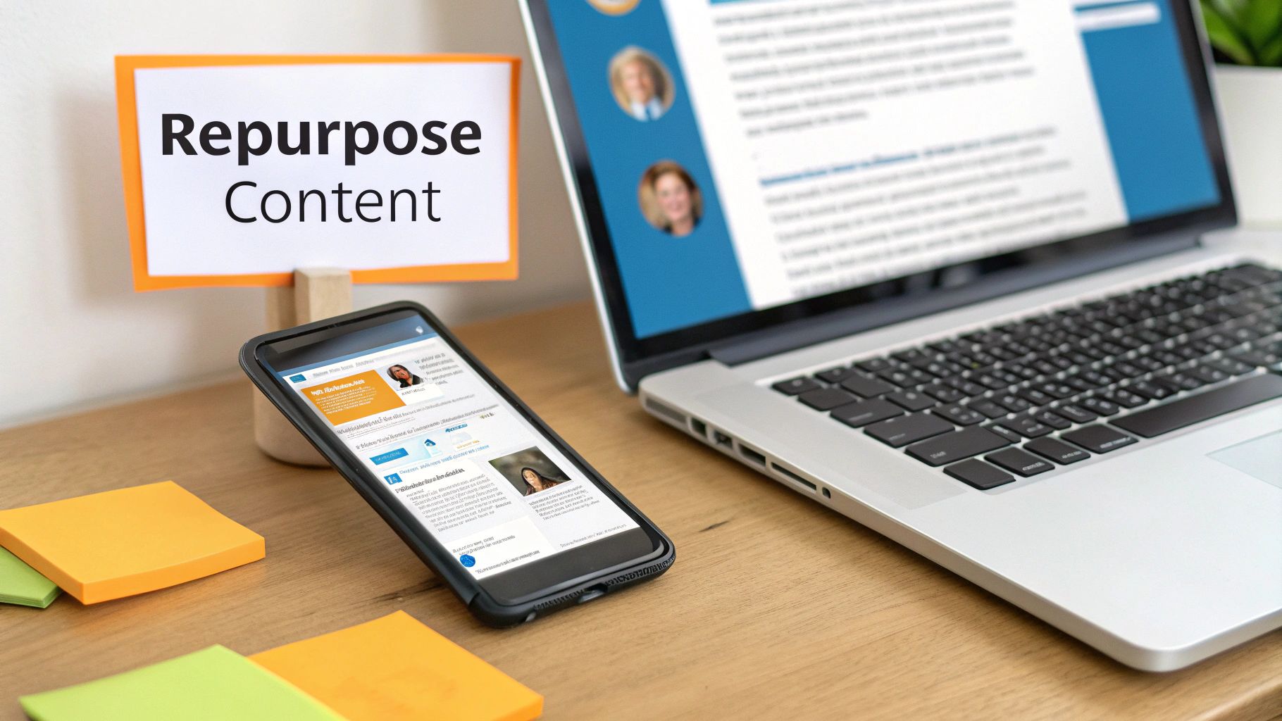 A desk with a laptop and smartphone displaying articles, beside a 'Repurpose Content' sign and sticky notes.