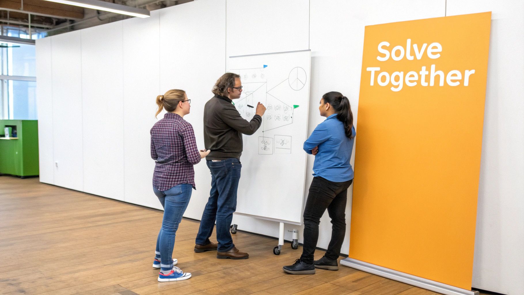 Three diverse professionals collaborating at whiteboard discussing problem-solving strategies in modern office space