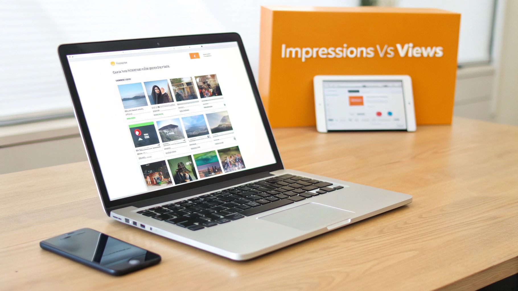 A workspace with a laptop, smartphone, tablet, and an orange 'Impressions Vs Views' box on a wooden desk.