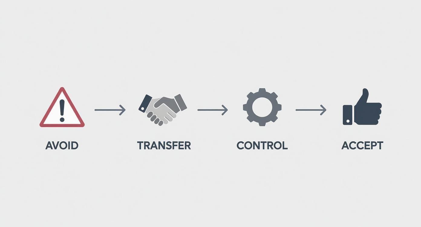 Risk management process flow diagram showing avoid, transfer, control, and accept steps with icons