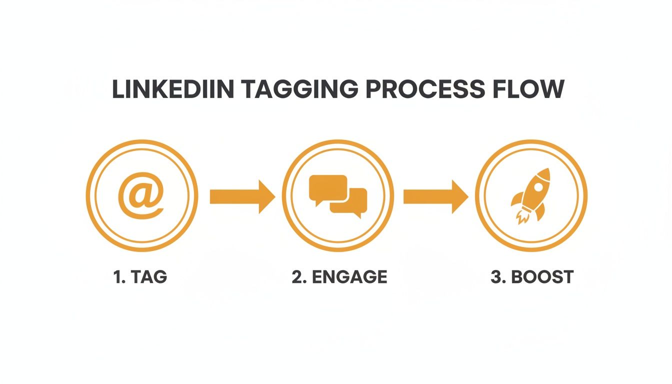 Flowchart explaining the LinkedIn tagging process with three steps: tag, engage, and boost using icons.