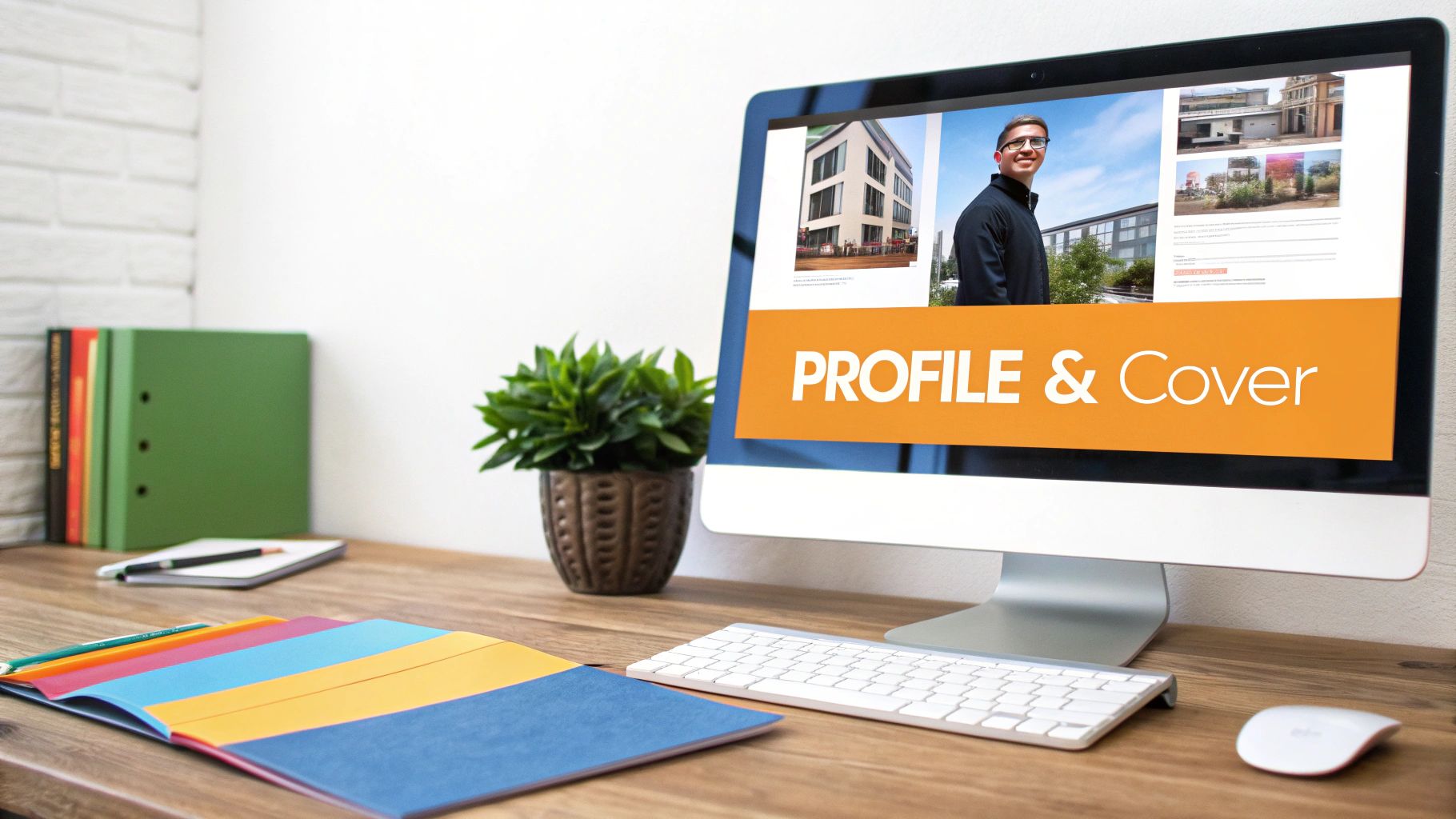A desktop computer screen displays a 'PROFILE & Cover' design with images of a man and buildings, on a wooden desk.