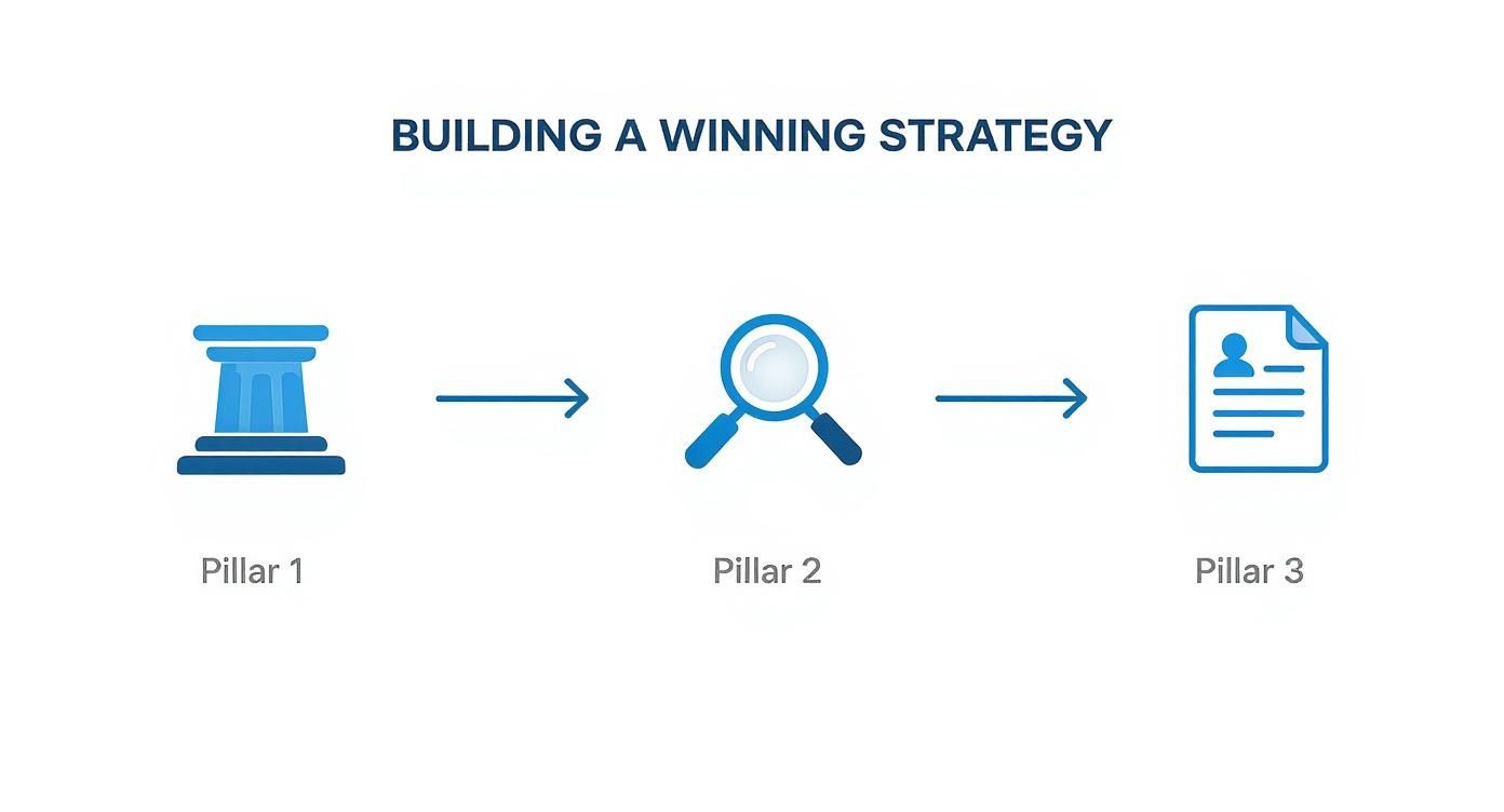 Un diagramme illustrant une stratégie à trois piliers, avec des icônes pour une colonne, une loupe et un document.