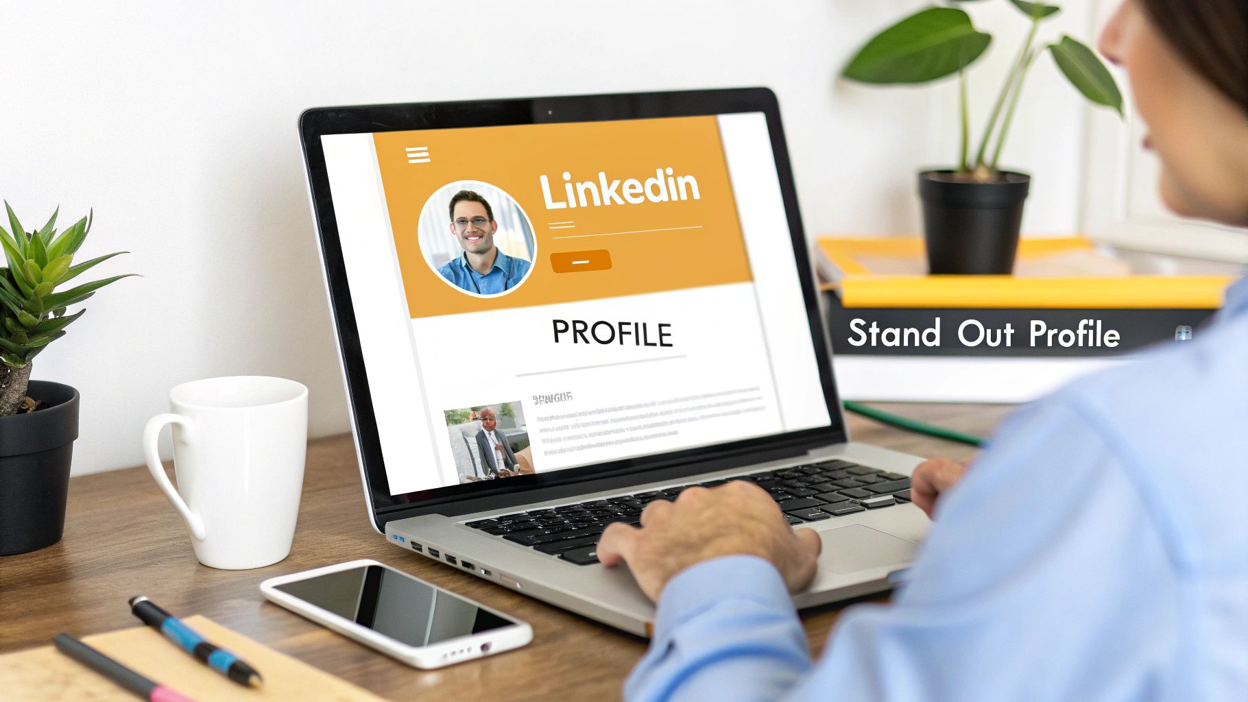 A person is typing on a laptop displaying a LinkedIn profile with the text 'Stand Out Profile'.