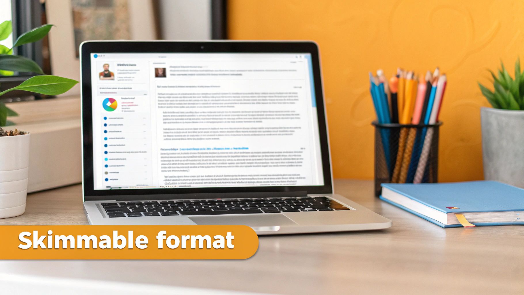 A workspace with a laptop showing a 'skimmable format' document, alongside stationery and plants.