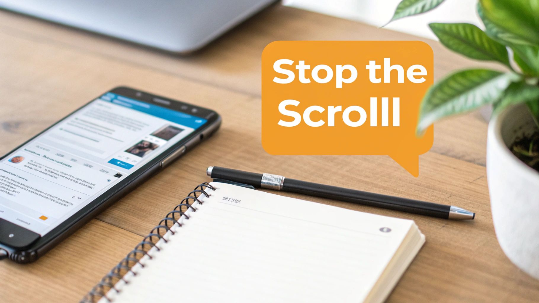 Desk scene with smartphone displaying LinkedIn feed, notebook, pen, and 'Stop the Scrolll!' speech bubble.