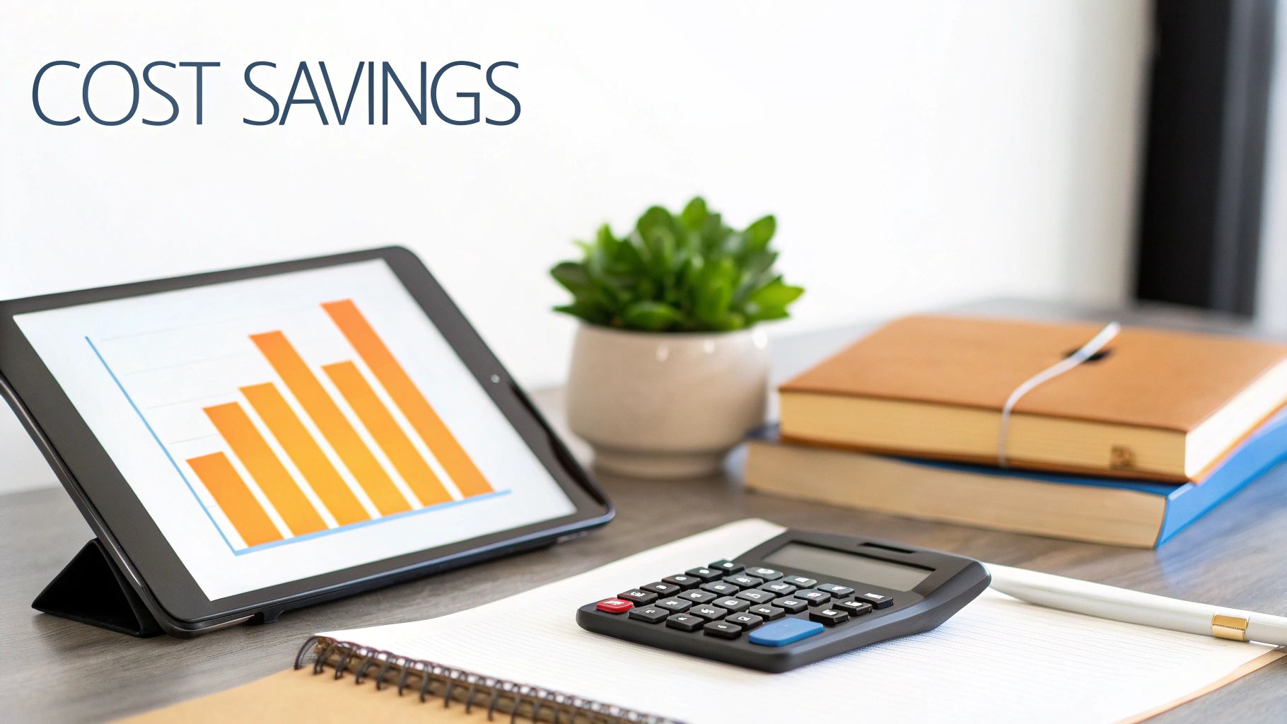 Digital tablet displaying orange bar chart with calculator and notebooks showing cost savings analysis