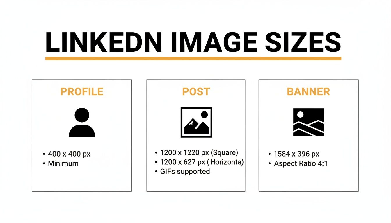LinkedIn image size guide showing optimal dimensions for profile pictures, posts, and banner images.