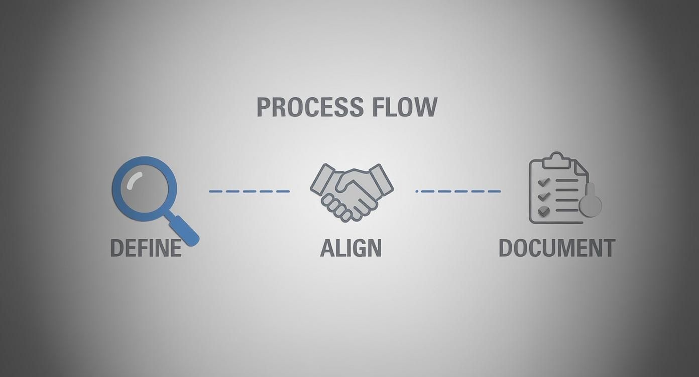 Process flow diagram showing three steps: define with magnifying glass, align with handshake, document with checklist