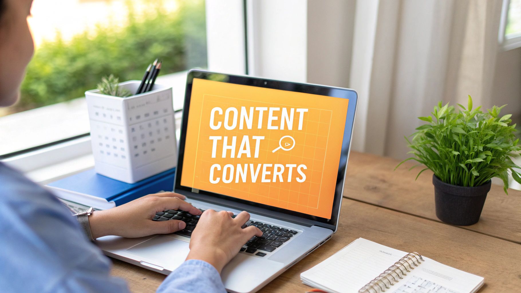A person typing on a laptop showing 'CONTENT THAT CONVERTS' on screen, with desk items.