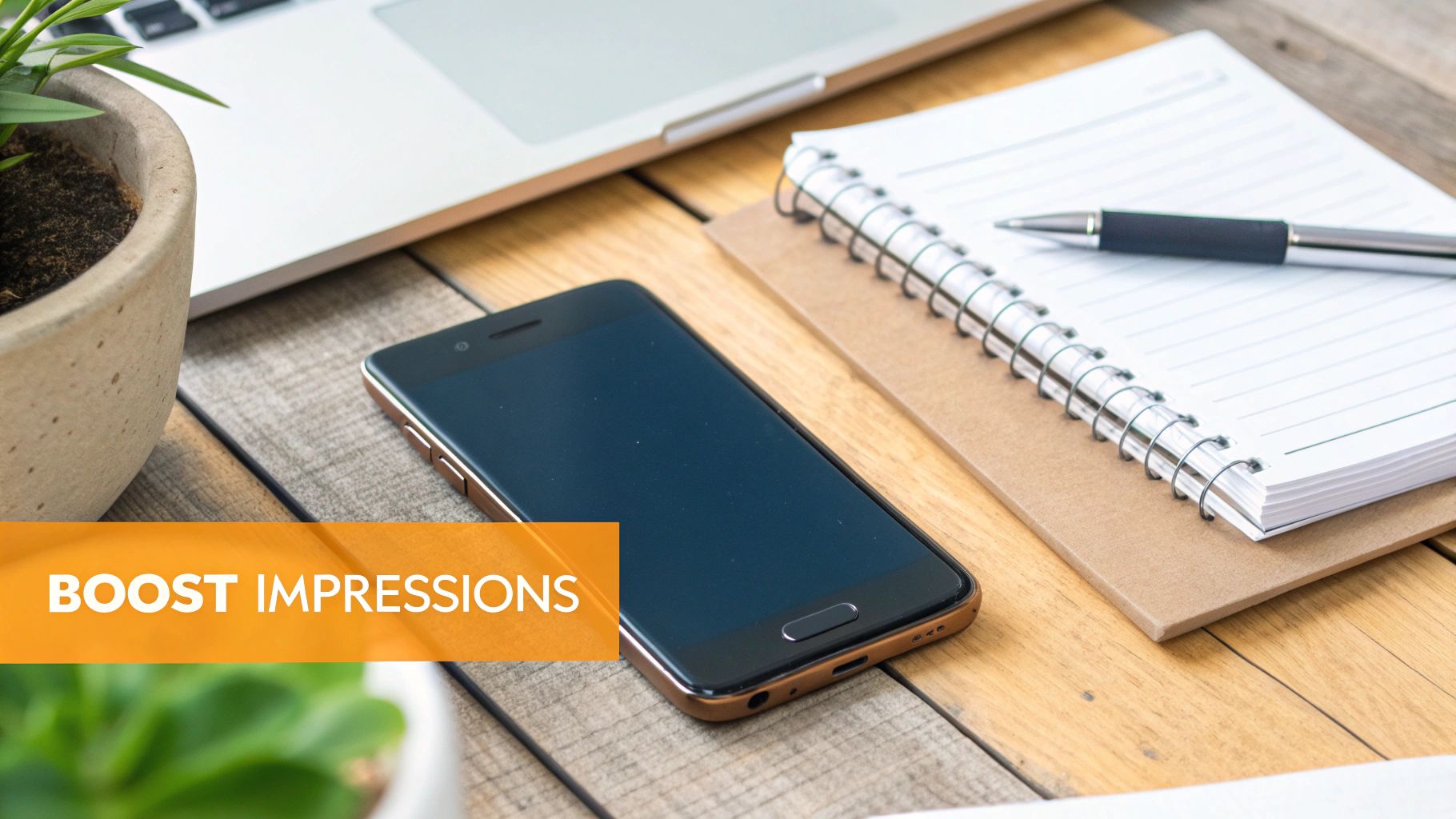Flat lay of a professional desk setup featuring a laptop, smartphone, notebook, and plant, promoting 'BOOST IMPRESSIONS'.