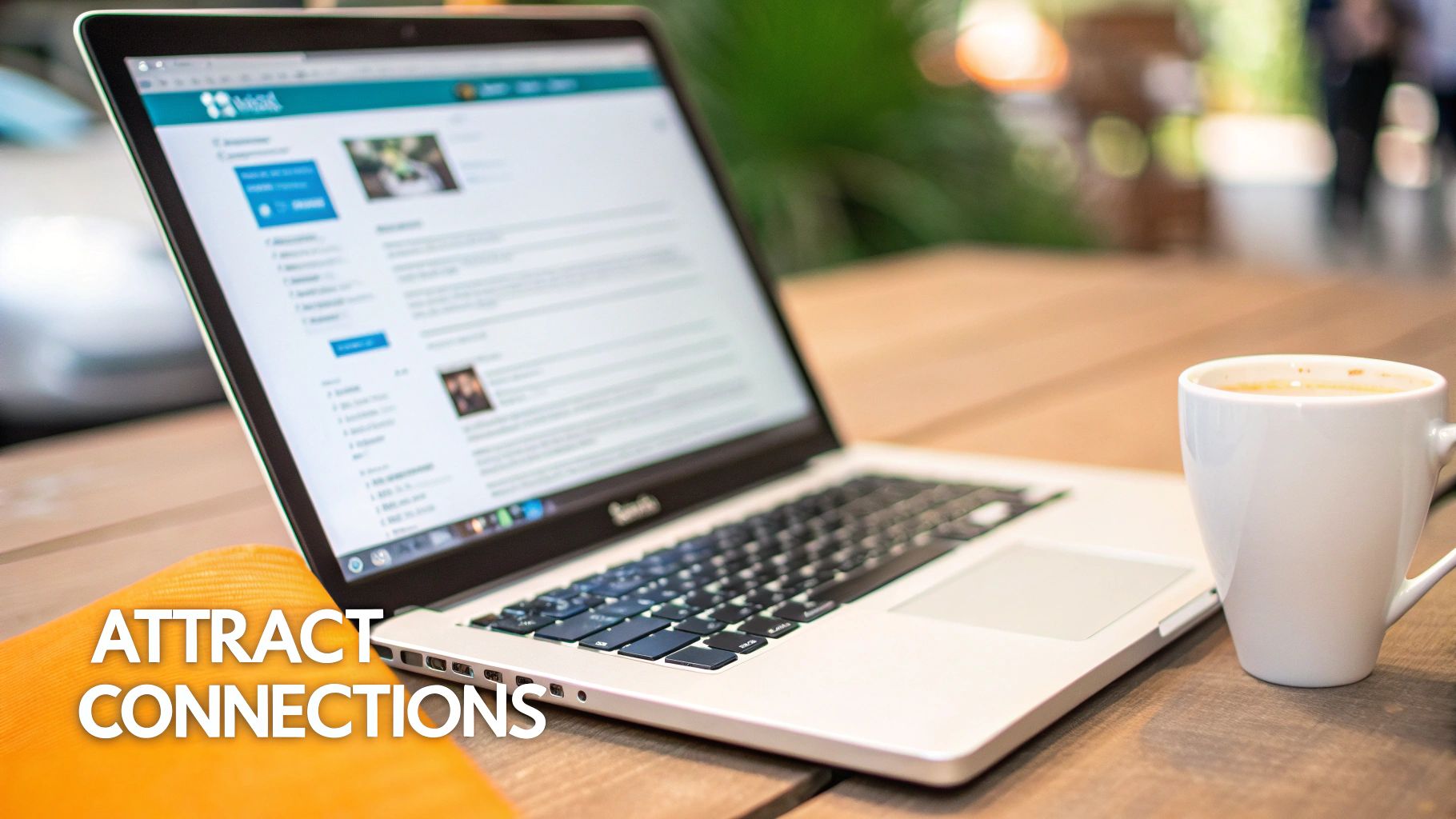 A laptop open on a wooden table displays a networking site next to a white coffee cup.