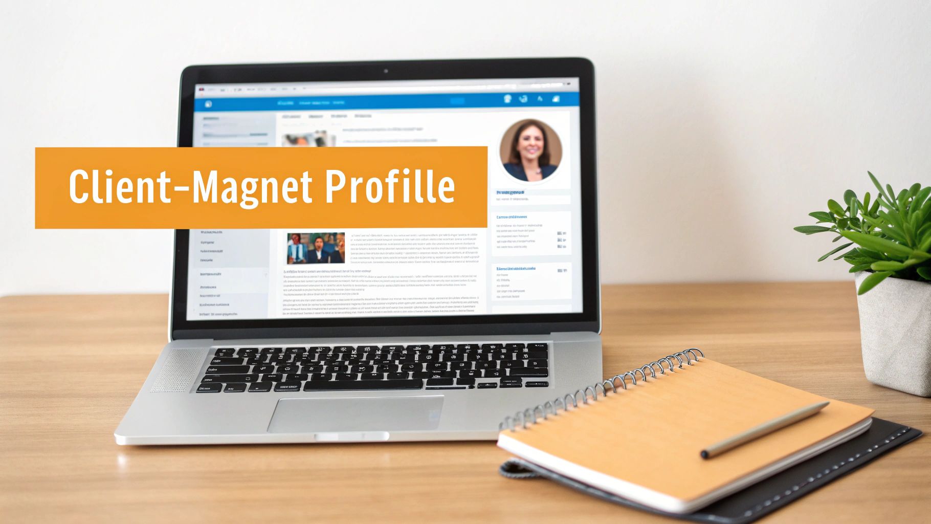 A laptop on a wooden desk shows a 'Client-Magnet Profile' on a social media page, with a notebook and plant.