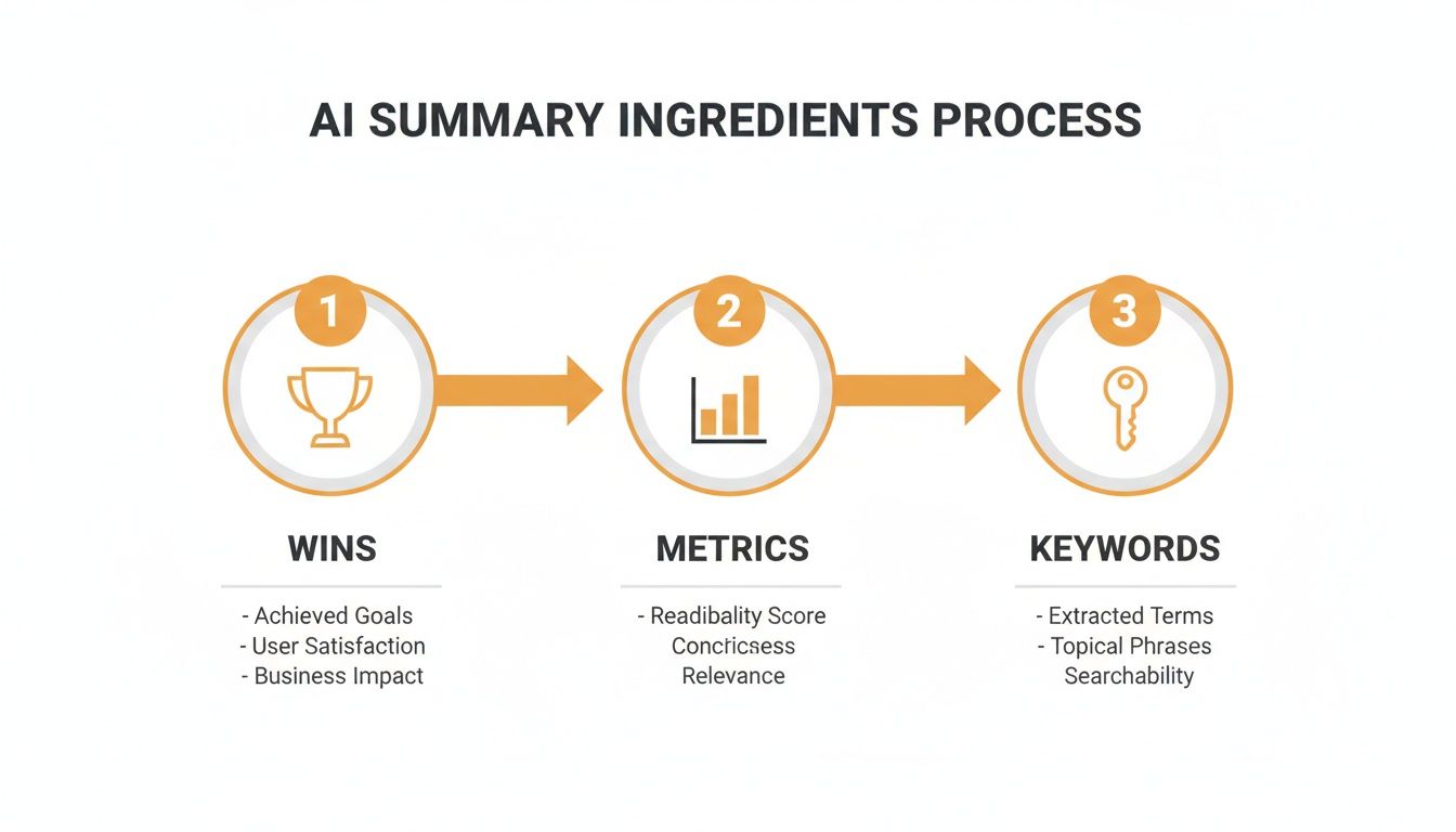 Diagram illustrating the AI summary ingredients process, detailing wins, metrics, and keywords.