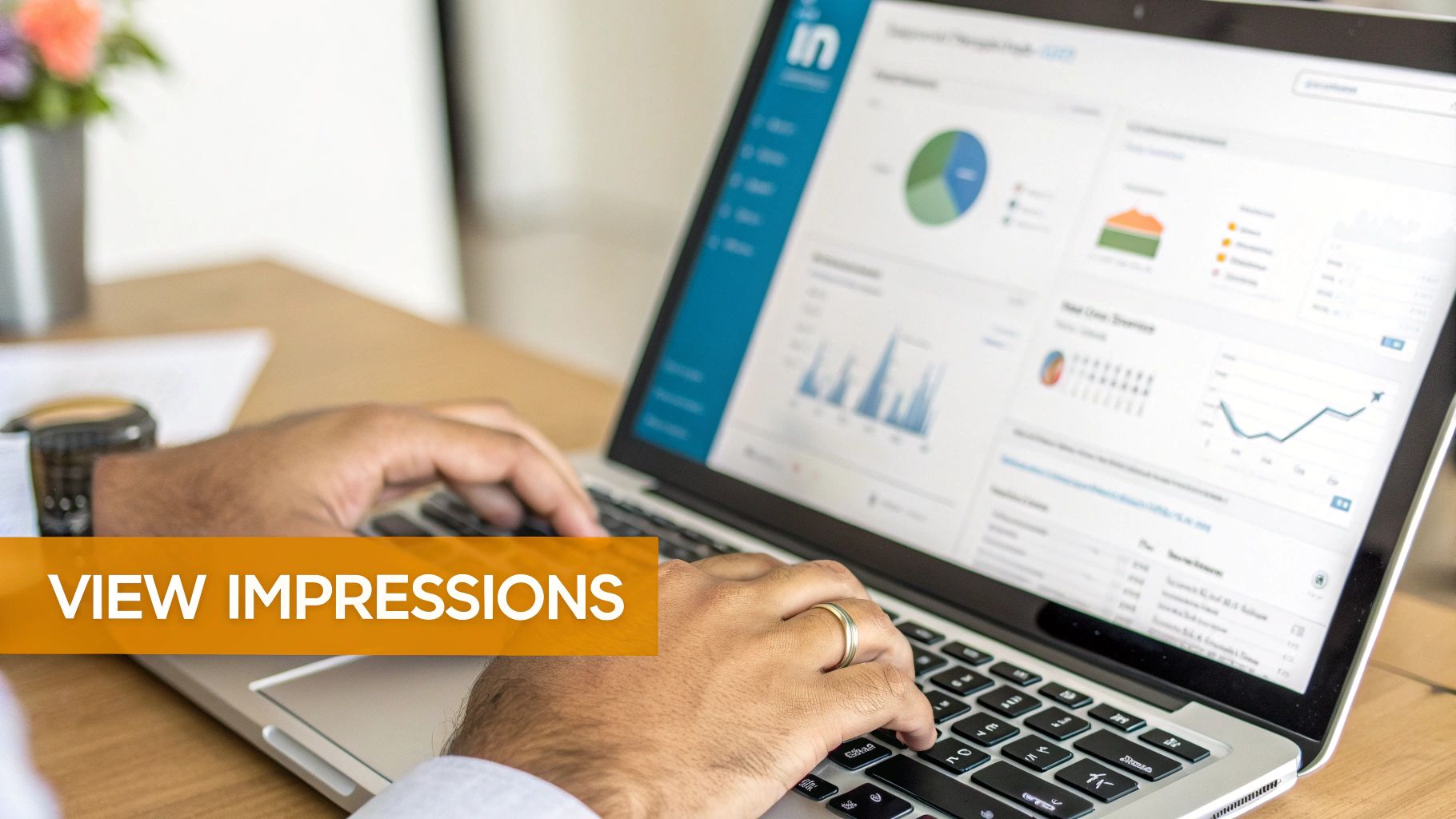 Person's hands typing on a laptop displaying LinkedIn analytics with charts and data.