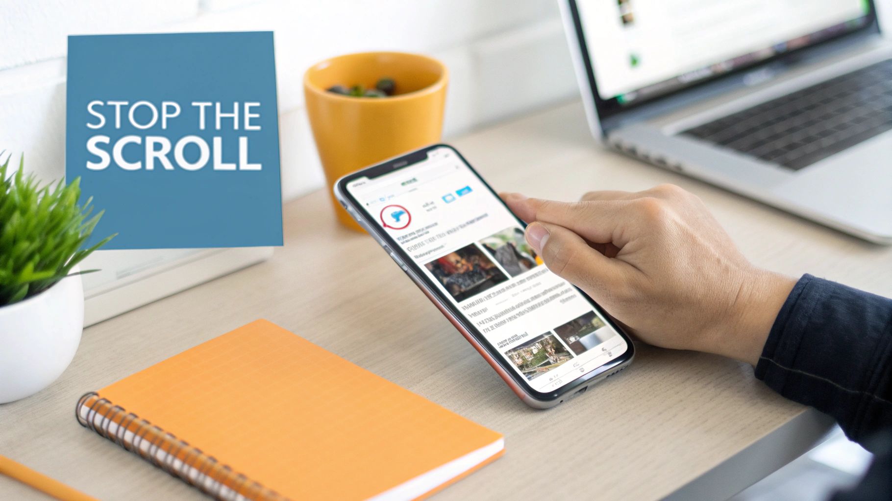A person scrolls through social media content on a smartphone next to a 'STOP THE SCROLL' sign.
